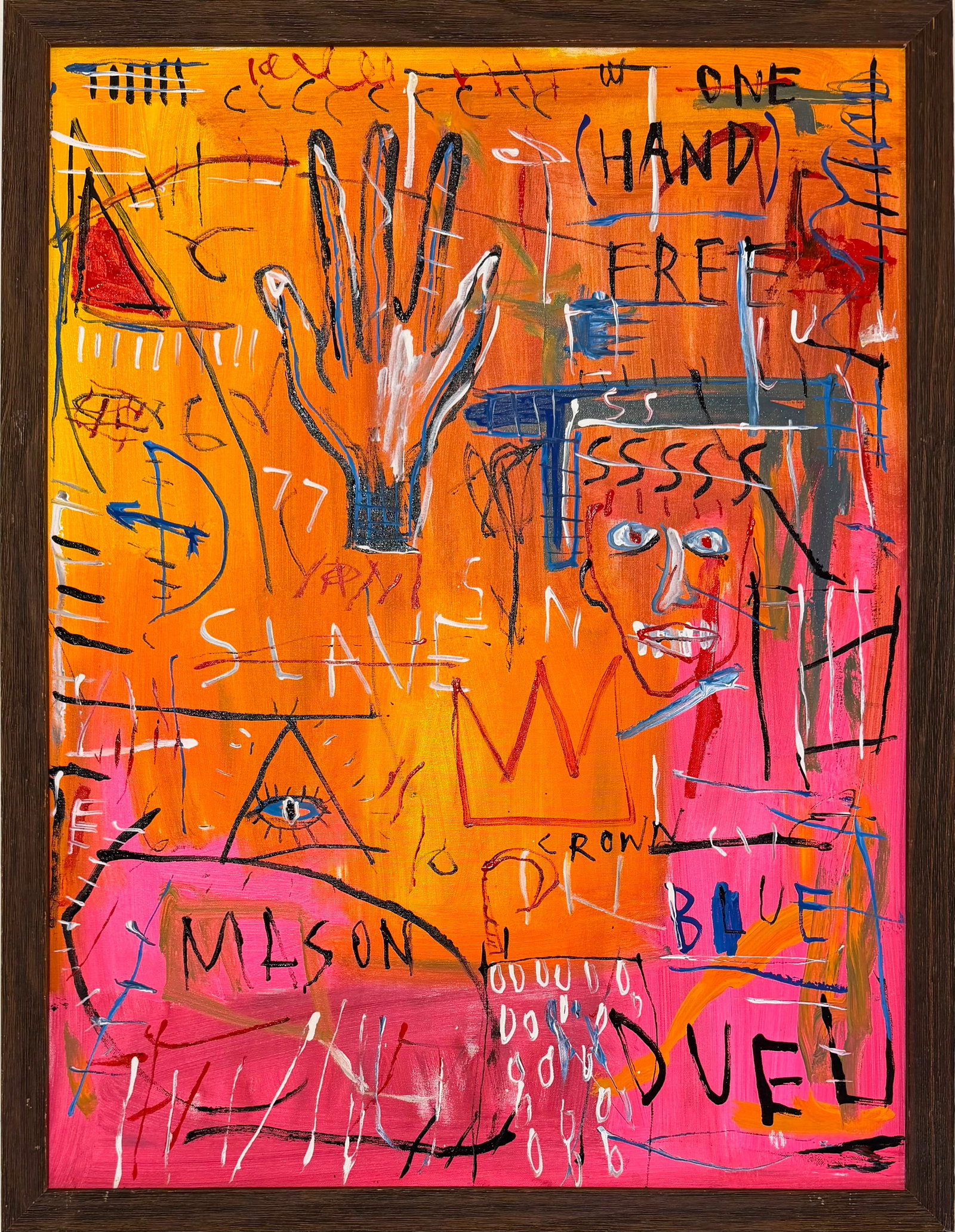 Jean-Michel Basquiat American 1960–1988 Acrylic on Canvas Painting One Hand in the Style of, Keith: Title: One Hand Technique: Acrylic on canvas Measures: 31 x 23 inches Year: Contemporary Condition: Good condition. Surface presents stable acrylic application with expressive layered brushwork and vi