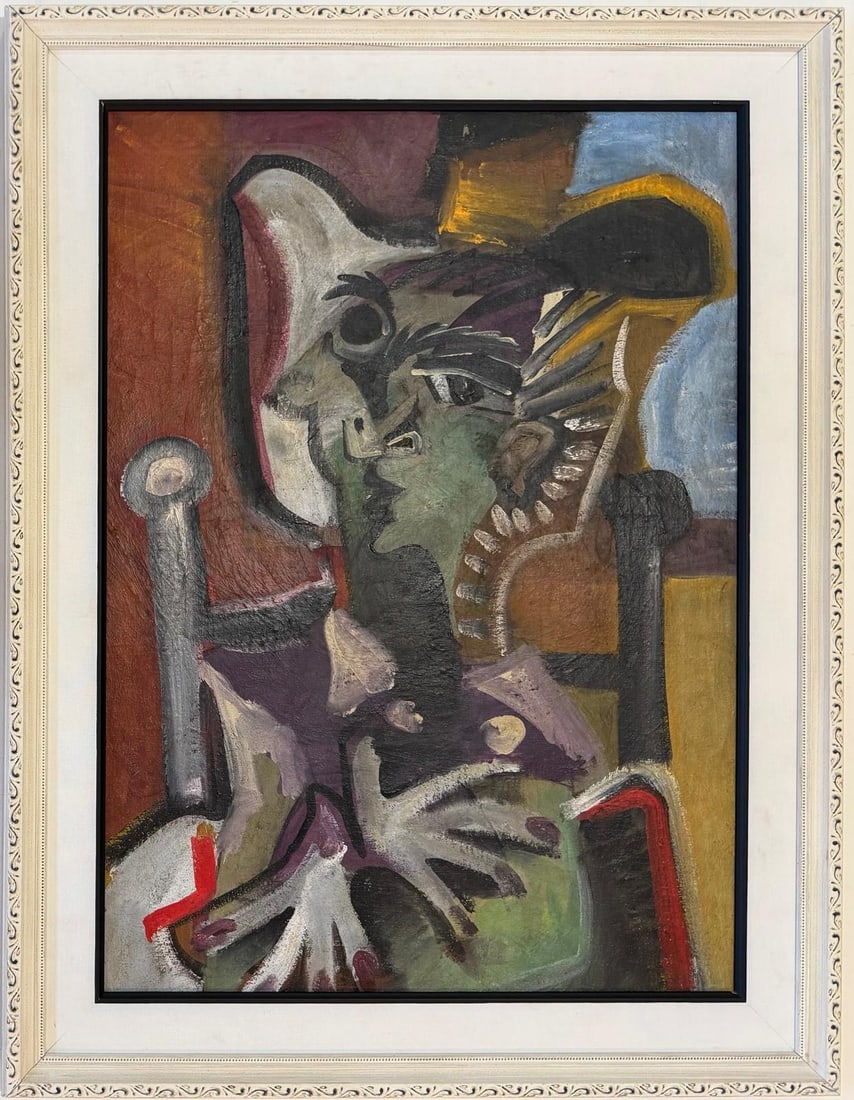 Pablo Picasso Spanish 1881–1973 Oil on Canvas Cubist Portrait in the Style of, Cubist Era: Title: Seated Cubist Figure Technique: Oil on canvas Measures: 27 x 20 inches Year: Mid-20th Century Condition: Good condition. Surface presents stable oil application with well-preserved impasto and 