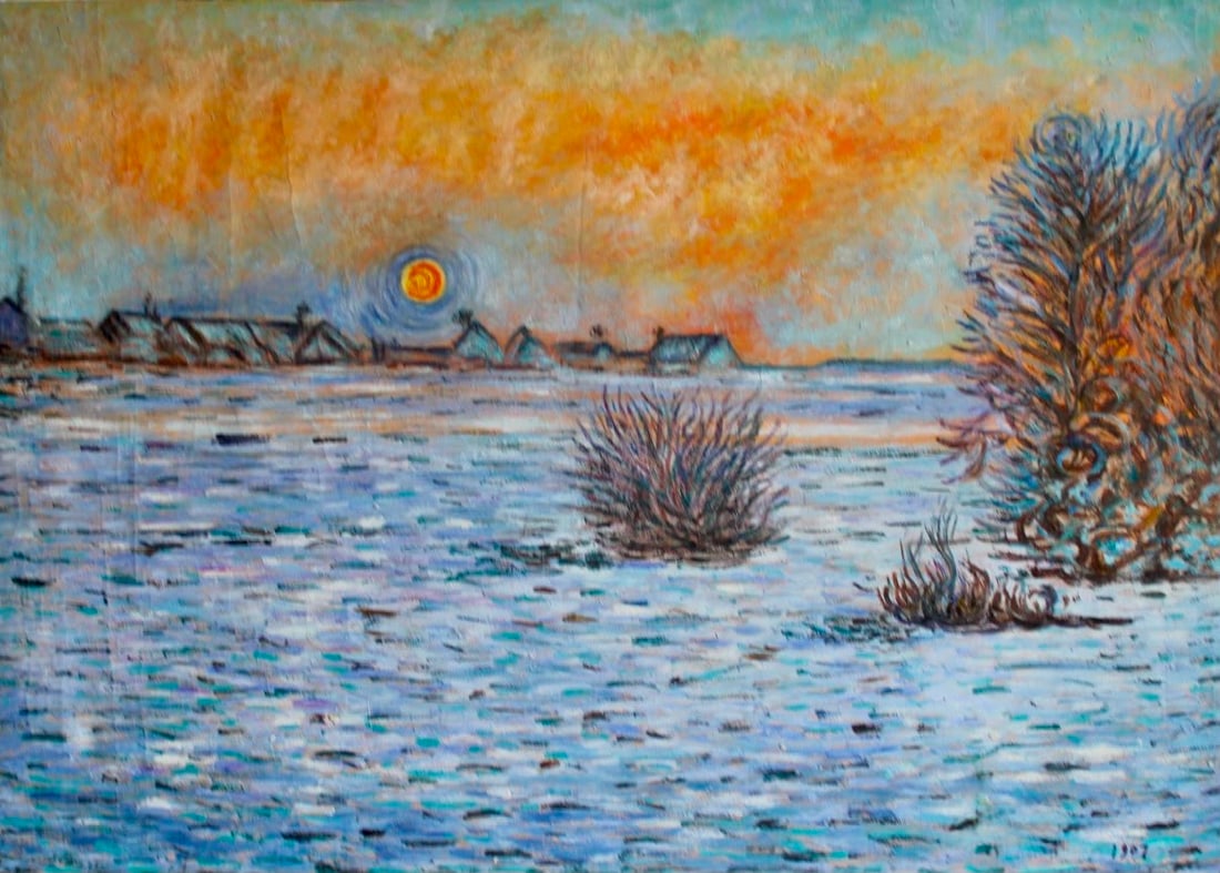 Claude Monet French 1840–1926 Oil on Canvas Winter Landscape in the Style of, Impressionist Era: Title: Winter Sunset Landscape Technique: Oil on canvas Measures: 19 x 27 inches (48.3 x 68.6 cm) Year: Late 19th Century Tradition Condition: Good condition. Surface presents stable oil application w