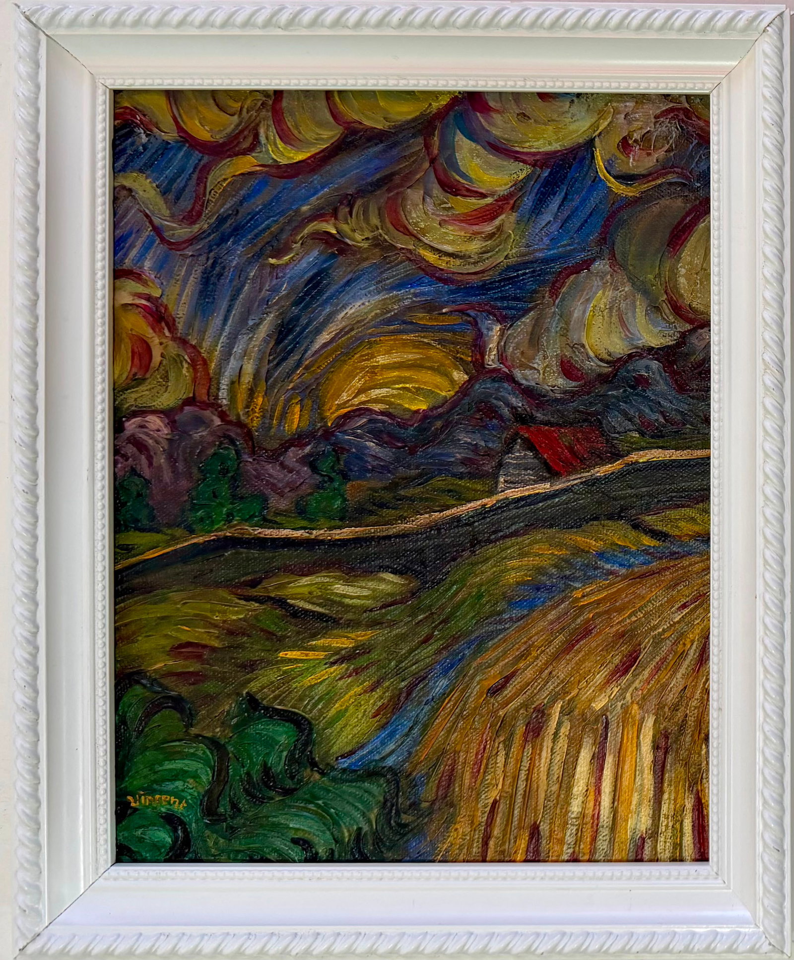 Vincent van Gogh Dutch 1853–1890 Oil on Canvas Sunset Landscape in the Style of Gauguin,: Title: Sunset Over the Countryside Technique: Oil on canvas Measures: 20 x 15 inches Year: Late 19th Century Tradition Condition: Good condition. Surface presents stable oil application with expressiv