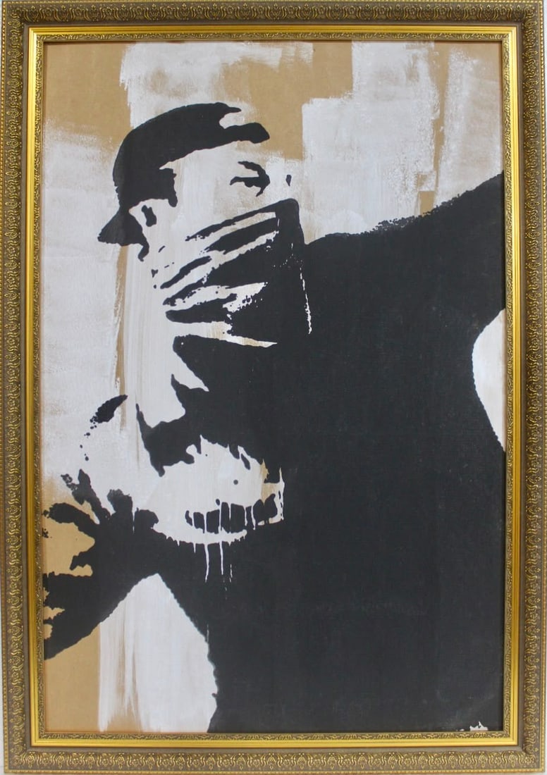 Banksy British Born 1974 Acrylic on Canvas Painting Flower Thrower in the Style of, Street Art Era (1 of 5)