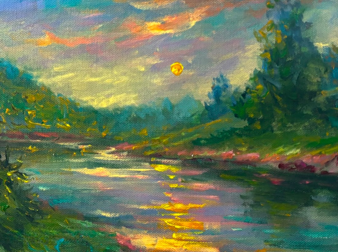 Claude Monet French 1840–1926 Oil on Canvas Painting in the Style of Yellow Sun Over River Van: Title: Yellow Sun Over River Technique: Oil on canvas Measures: 8 x 12 inches (20.3 x 30.5 cm) Year: Circa late 19th century Impressionist period Condition: Good condition. Surface presents stable pig