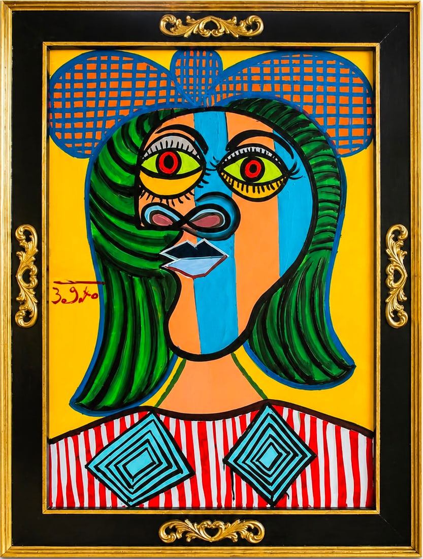 Pablo Picasso Spanish 1881–1973 Oil on Canvas Painting in the Style of Busto de Femme Cubist: Title: Busto de Femme Technique: Oil on canvas Measures: 27 x 20 inches (68.6 x 50.8 cm) Year: Circa mid-20th century Cubist period Condition: Good condition. Surface presents stable pigment applicati