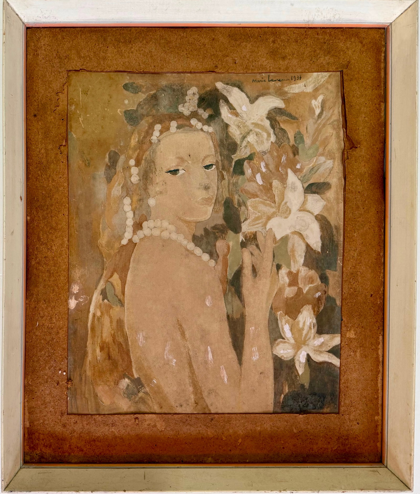 Marie Laurencin French 1883–1956 Oil on Board Painting in the Style of Young Woman with Lilies: Title: Young Woman with Lilies Technique: Oil on board Measures: 22 x 18 inches (55.9 x 45.7 cm) Year: Circa 1930s École de Paris period Condition: Good condition. Surface presents stable pigment app