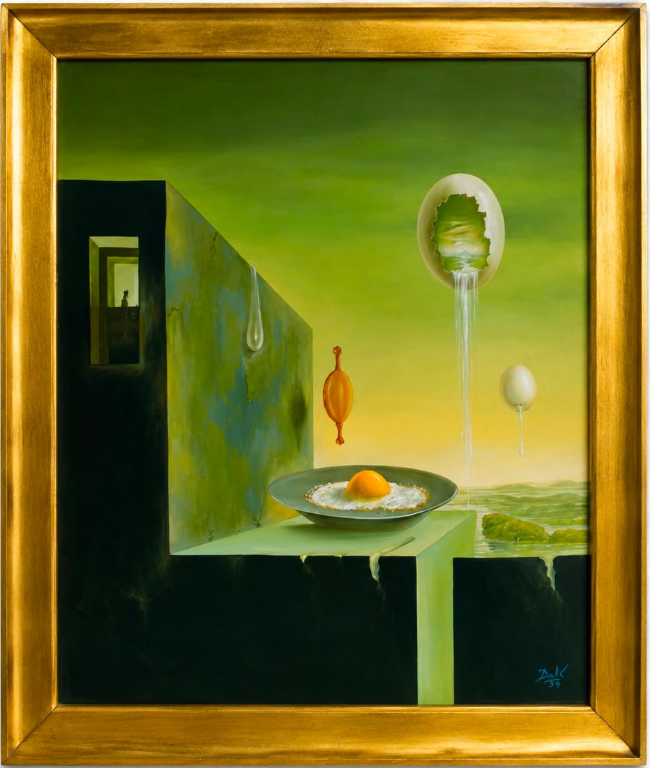 Salvador Dalí Spanish 1904–1989 Oil on Canvas Painting in the Style of Floating Eggs Surrealist: Title: Floating Eggs Technique: Oil on canvas Measures: 28 x 24 inches (71.1 x 61 cm) Year: Circa mid-20th century Surrealist period Condition: Good condition. Surface presents stable pigment applicat