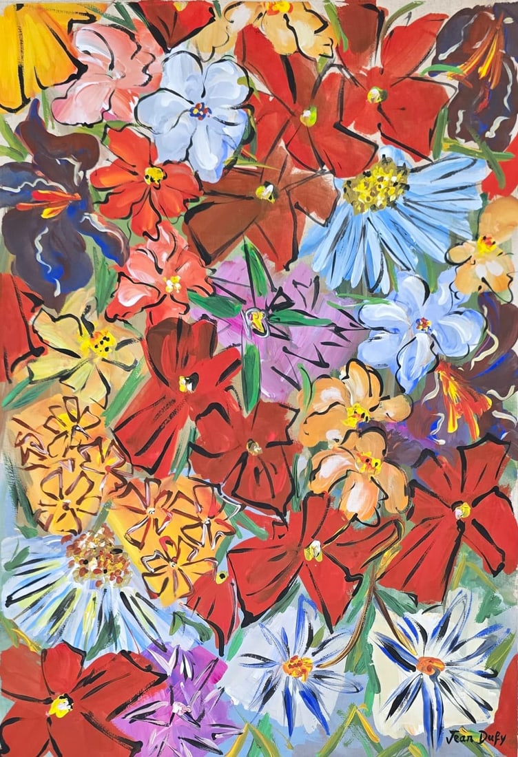 Jean Dufy French 1888–1964 Watercolor on Paper Painting in the Style of Vibrant Floral Bouquet: Title: Vibrant Floral Bouquet Technique: Watercolor on paper Measures: 16 x 11 inches (40.6 x 27.9 cm) Year: Circa mid-20th century Fauvist period Condition: Good condition. Surface presents vibrant w