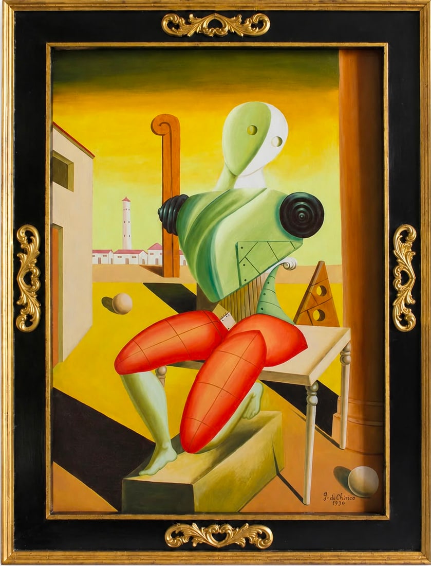 Giorgio de Chirico Italian 1888–1978 Oil on Canvas Painting in the Style of Seated Mannequin: Title: Seated Mannequin in a Silent Piazza Technique: Oil on canvas Measures: 28 x 20 inches (71.1 x 50.8 cm) Year: Circa 1930s Metaphysical Art period Condition: Good condition. Surface presents stab