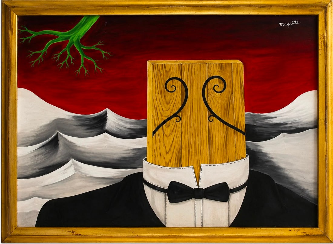 Rene Magritte Belgian 1898–1967 Oil on Canvas Painting in the Style of Wooden Gentleman Surrealist: Title: Wooden Gentleman Technique: Oil on canvas Measures: 19 x 27 inches (48.3 x 68.6 cm) Year: Circa mid-20th century Surrealist period Condition: Good condition. Surface presents stable pigment app