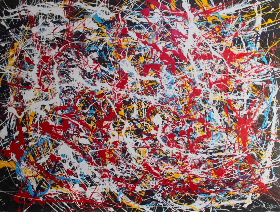 Jackson Pollock American 1912–1956 Oil on Canvas Painting in the Style of Abstract Drip: Title: Abstract Drip Composition Technique: Oil on canvas Measures: 36 x 47 inches (91.4 x 119.4 cm) Year: Circa mid-20th century Abstract Expressionist period Condition: Good condition. Surface prese