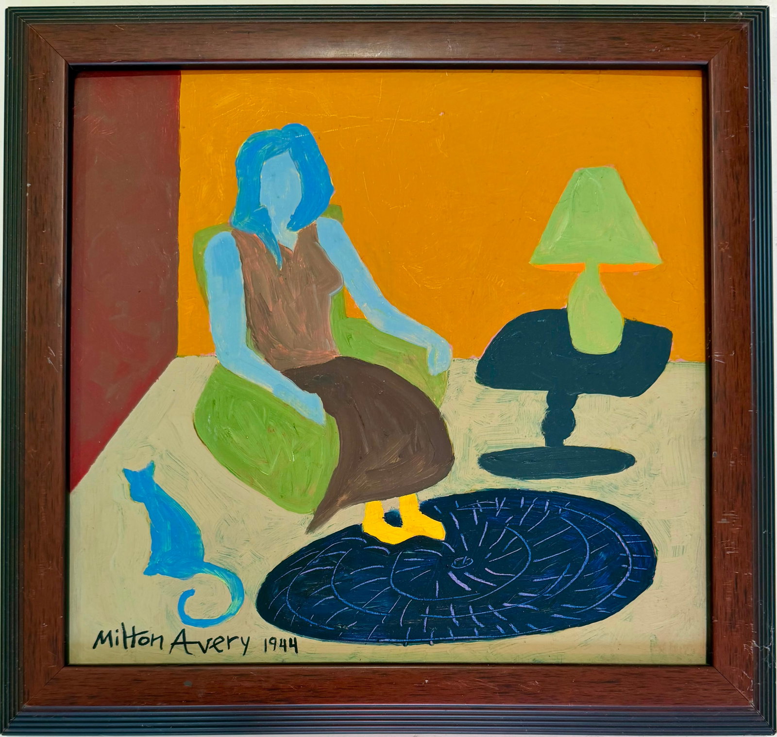 Milton Avery American 1885–1965 Oil on Wood Painting in the Style of Seated Woman with Blue Cat (1 of 6)