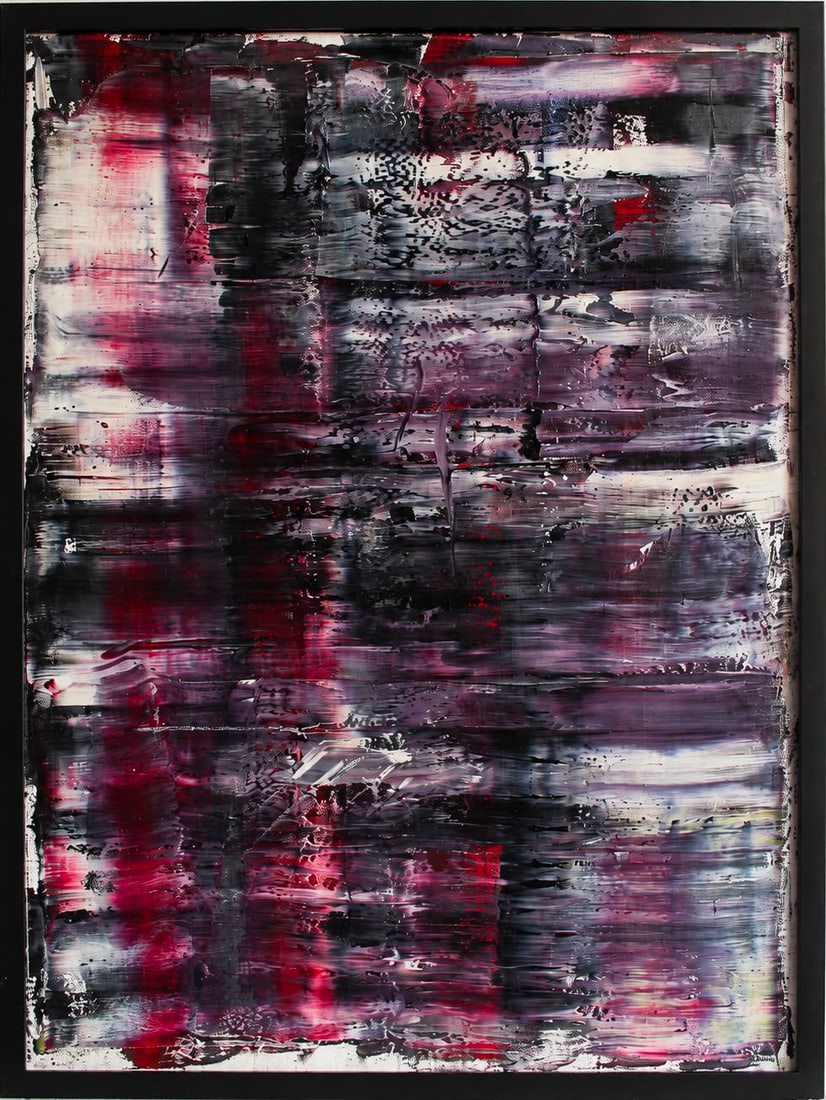 Gerhard Richter German 1932–2023 Oil on Canvas Painting in the Style of Crimson Abstraction: Title: Crimson Abstraction Technique: Oil on canvas Measures: 37 x 23 inches (94 x 58.4 cm) Year: Circa late 20th century Contemporary Abstract period Condition: Good condition. Surface presents stabl