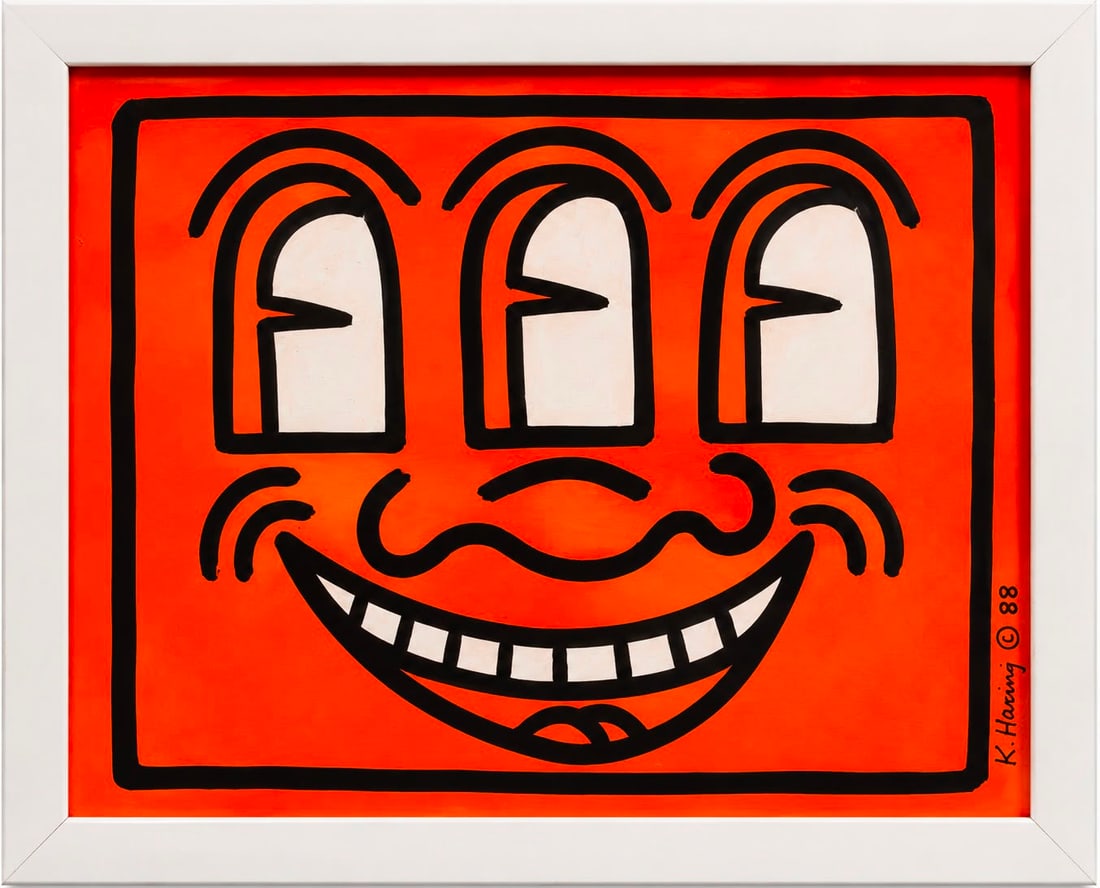 Keith Haring American 1958–1990 Acrylic on Board Painting in the Style of Orange Smiling Face Pop: Title: Orange Smiling Face Technique: Acrylic on board Measures: 16 x 14 inches (40.6 x 35.6 cm) Year: Circa late 20th century Pop Art period Condition: Good condition. Surface presents stable acrylic