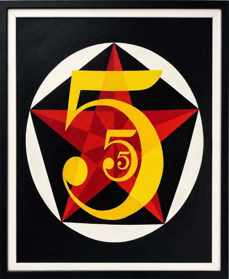 Robert Indiana American 1928–2018 Oil on Canvas Painting in the Style of Number Five Pop Art: Title: Number Five Technique: Oil on canvas Measures: 31 x 23 inches (78.7 x 58.4 cm) Year: Circa late 20th century Pop Art period Condition: Good condition. Surface presents stable oil application wi