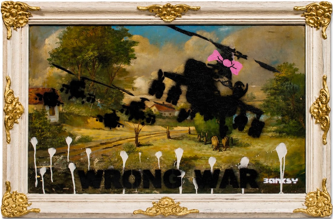Banksy British b. 1974 Oil on Canvas Painting in the Style of Wrong War Contemporary Street Art Peri: Title: Wrong War Technique: Oil on canvas Measures: 20 x 31 inches (50.8 x 78.7 cm) Year: Circa early 21st century Contemporary Street Art period Condition: Good condition. Surface presents stable oil