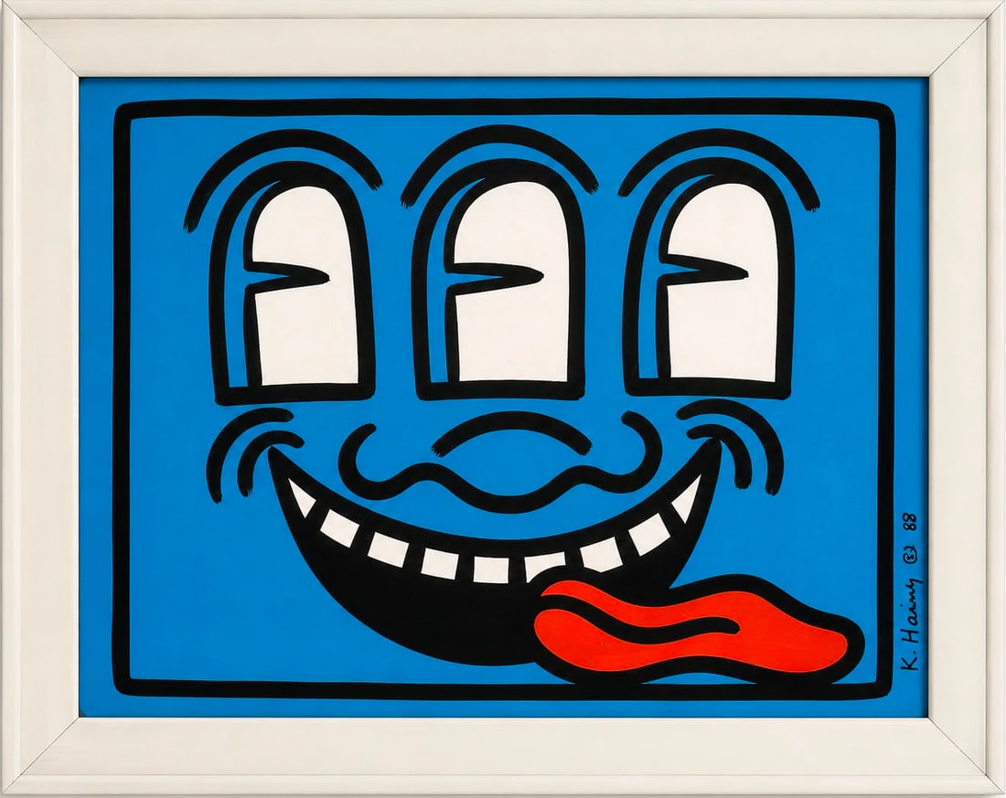 Keith Haring American 1958–1990 Acrylic on Board Painting in the Style of Blue Pop Graffiti Period: Title: Blue Technique: Acrylic on board Measures: 31 x 23 inches (78.7 x 58.4 cm) Year: Circa 1980s Pop Graffiti period Condition: Good condition. Surface presents stable acrylic application with bold