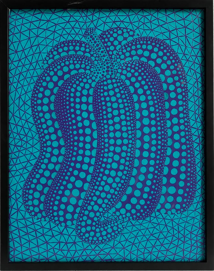 Yayoi Kusama Japanese Born 1929 Oil on Canvas Painting in the Style of Pumpkin Infinity Nets Period: Title: Pumpkin Technique: Oil on canvas Measures: 31 x 23 inches (78.7 x 58.4 cm) Year: Circa Infinity Nets period Condition: Good condition. Surface presents stable oil application with vibrant color
