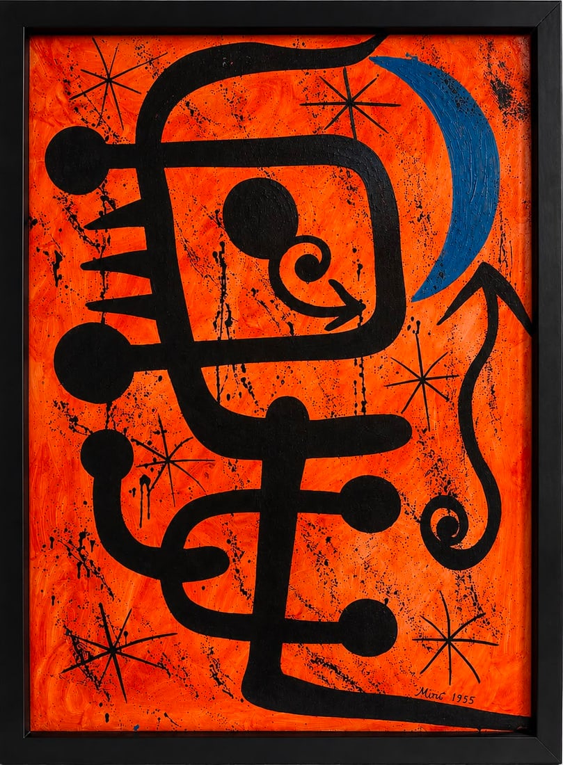 Joan Miró Spanish 1893–1983 Oil on Canvas Painting in the Style of Abstract Surrealist Landscape: Title: Abstract Landscape with Tree Technique: Oil on canvas Measures: 31 x 23 inches (78.7 x 58.4 cm) Year: Circa Mid-20th Century Surrealist Period Condition: Good condition. Surface displays stable