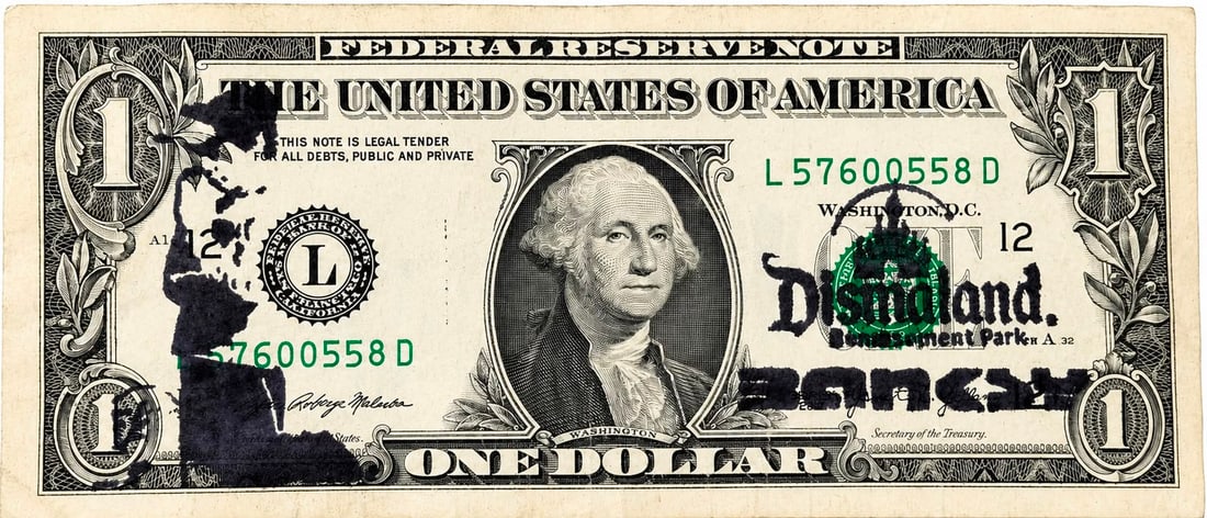 Banksy British b.1974 Oil on Canvas Painting in the Style of Dollar Bill Street Art: Title: Dollar Bill Technique: Oil on canvas Measures: 2.6 x 6.14 inches Year: Contemporary Street Art Period Condition: Good condition. Surface displays stable pigment with crisp detailing and strong 