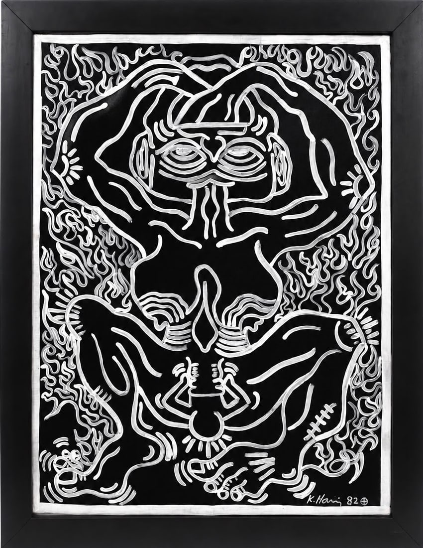Keith Haring American 1958–1990 Acrylic on Canvas Painting in the Style of Pop Graffiti Art: Title: Dancing Figures Technique: Acrylic on canvas Measures: 31 x 23 inches (78.7 x 58.4 cm) Year: Contemporary Pop Art Period Condition: Good condition. Surface presents stable acrylic pigments with