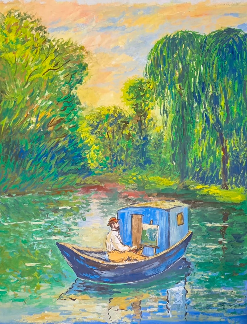 Claude Monet French 1840–1926 Oil on Canvas Painting in the Style of Boat in the River Van Gogh: Title: The Painter's Boat at Sunset Technique: Oil on Canvas Measures: 16 x 13 in. (40.6 x 33 cm) Year: Circa late 19th century, Impressionist period Condition: Good condition. The painting exhibits s