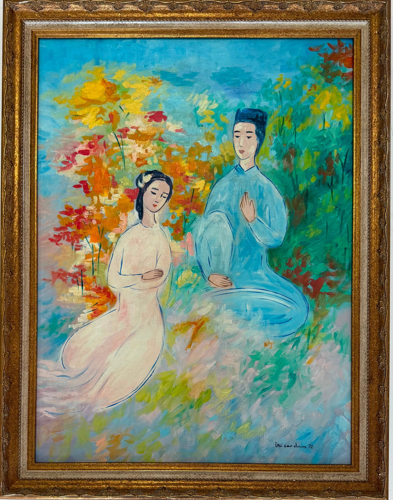 Vu Cao Dam Vietnamese 1908–2000 Oil on Canvas Painting in the Style of Meditating Couple in Garden: Title: Meditating Couple in Garden Technique: Oil on canvas Measures: 28 x 17 inches (71.1 x 43.2 cm) Year: Circa 1970s École de Paris period Condition: Good condition. Surface presents stable pigmen