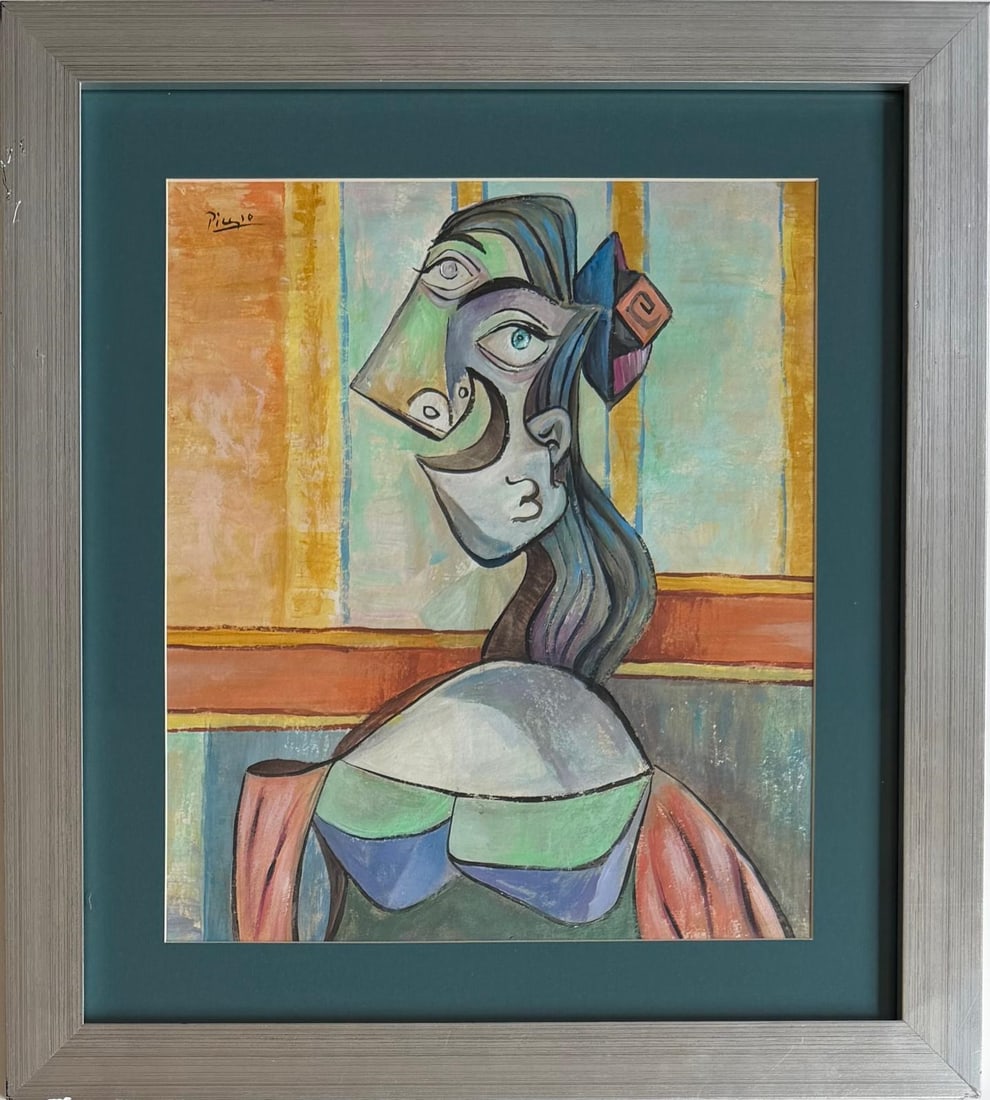 Pablo Picasso Spanish 1881-1973 Gouache on Paper Painting in the Style of Dali, Magritte, Chagall &: Title: Femme au Regard Double Technique: Gouache on Paper Measures: 14 in x 12 in Year: Circa 1940 Condition: Good — stable, with minor surface wear and light craquelure consistent with ageProvenanc