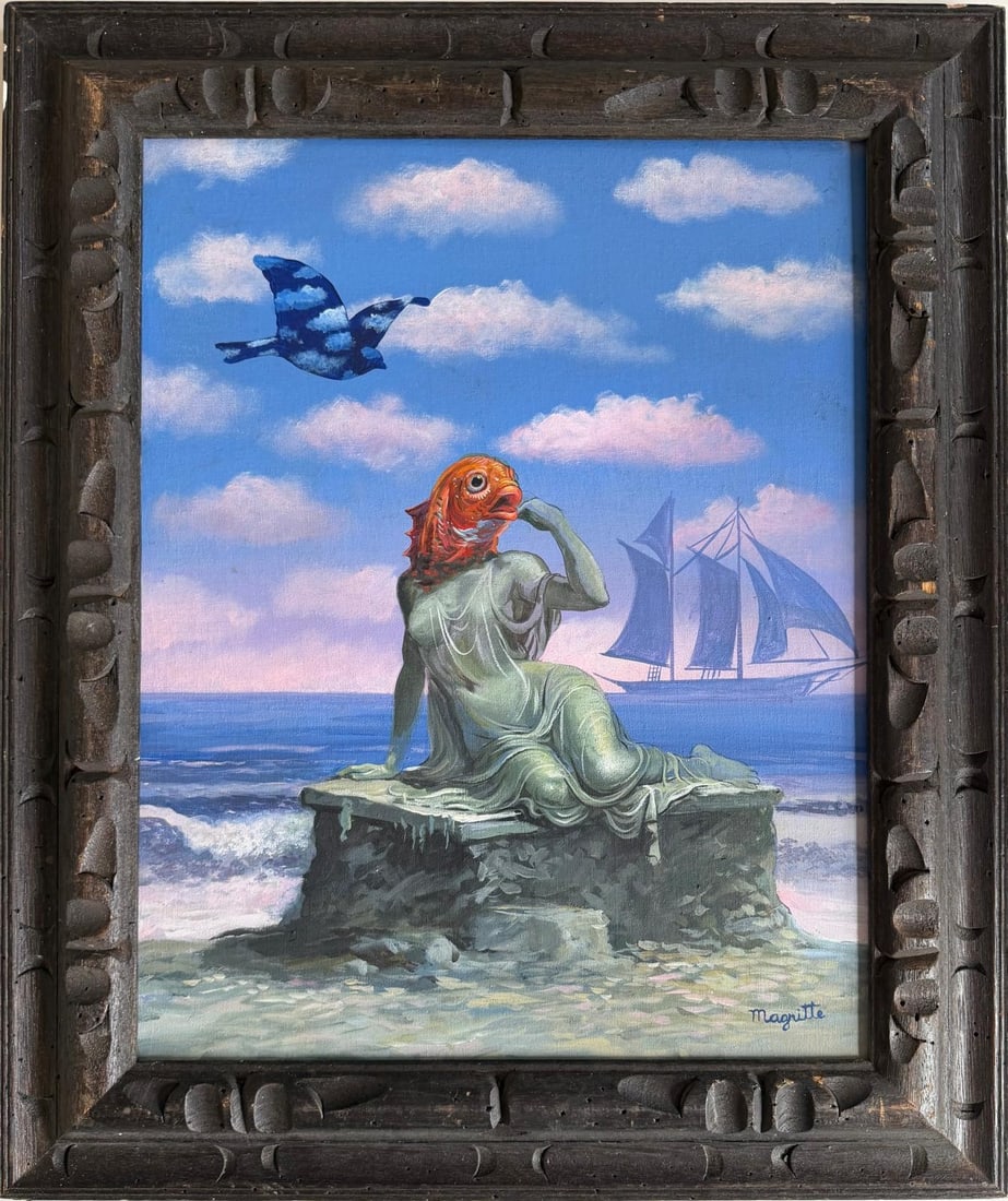 Rene Magritte Belgian 1898 - 1967 Oil on Canvas Painting in The Style of Dali, Picasso Era: Title: The Fish of Memory Technique: Oil on Canvas Measures: 19 in * 15 in Year: Circa 1960 Condition: Good — stable, with minor surface wear and light craquelure consistent with ageProvenance: Purc