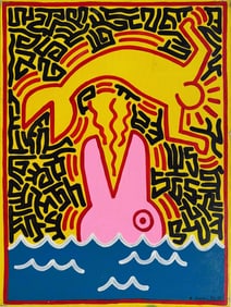 Keith Haring American 1958 - 1990 Acrylic on Canvas Painting In The Style of Warhol & Haring Pop Art
