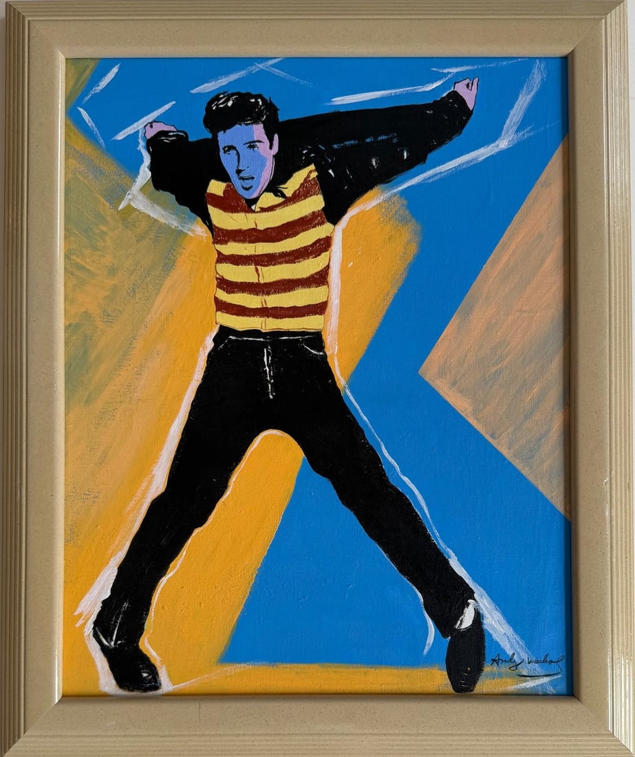 Andy Warhol American 1928-1987 Acrylic on Canvas Painting in the Style of Pop Art Era: Title: Jumping Elvis Technique: Acrylic on Canvas Measures: 19 in * 16 in Year: Circa 1964 Condition: Good — stable, with minor surface wear and light craquelure consistent with ageProvenance: Purch