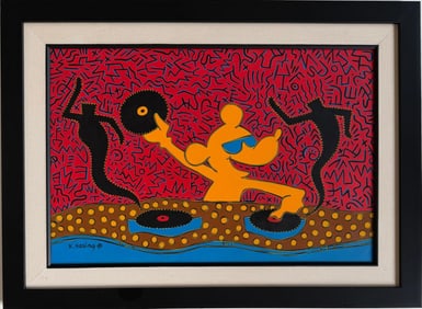 Keith Haring American 1958 - 1990 Acrylic on Canvas Painting In The Style of Warhol & Haring Pop Art
