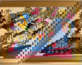 Pablo Picasso Spanish 1881-1973 Oil on Canvas Painting in the Style of Dali, Magritte, Chagall &: Title: Still Life with Bull’s Skull and Sunflowers Technique: OIl on Canvas Measures: 23 in x 31 in Year: 1939 Condition: Good — stable, with minor surface wear and light craquelure consistent wit