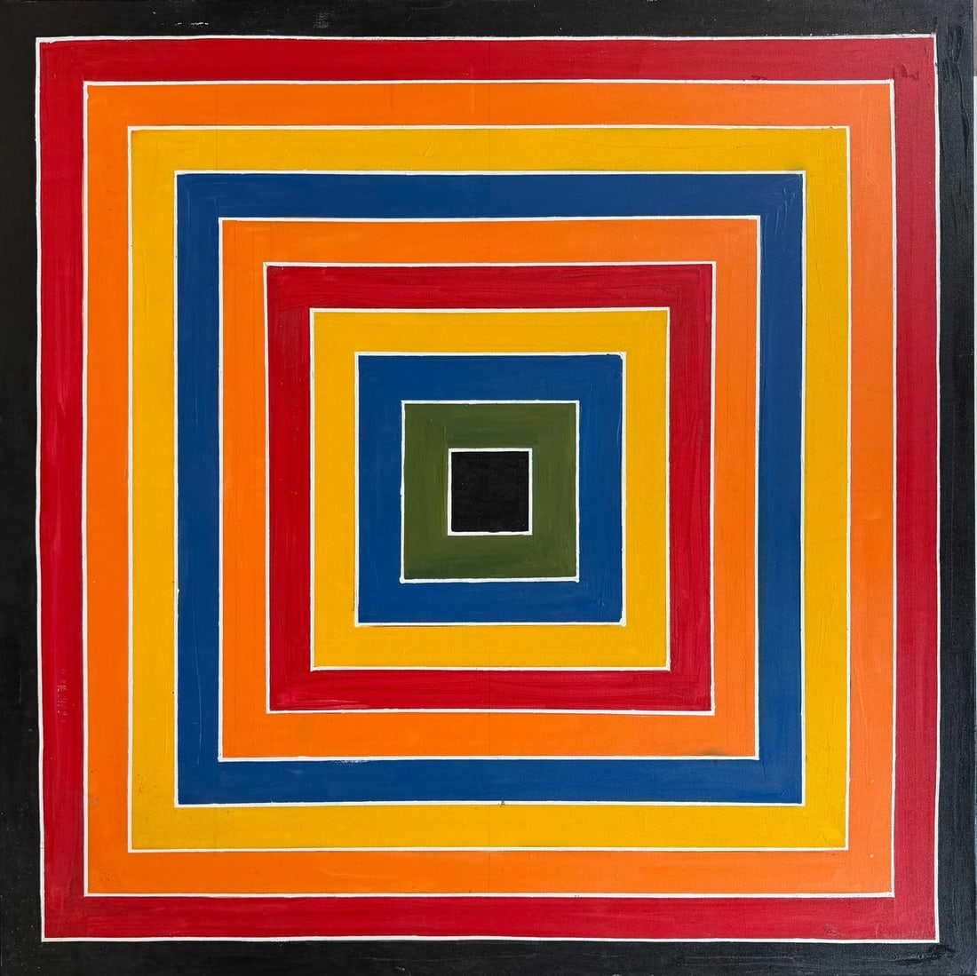 Frank Stella American 1936-2024 Oil on Canvas in the Style of Jasper Johns, Pollock, Newman Era: Title: Concentric Spectrum Technique: Oil on Canvas Measures: 43.5 in * 43.5 in Year: 1974 Condition: Good — stable, with minor surface wear and light craquelure consistent with ageProvenance: Purch