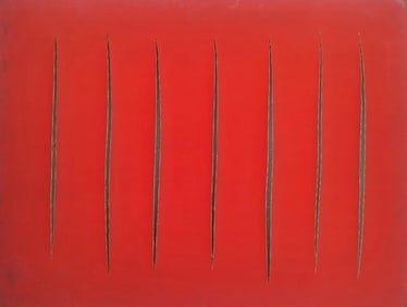 Lucio Fontana Argentine 1899-1968 Oil on Canvas Painting in the Style of Klein, Frank Stella,