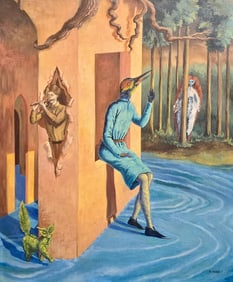 Remedios Varo Spanish-Mexican 1908-1963 Oil on Canvas Painting in the Style of Carrington and Varo