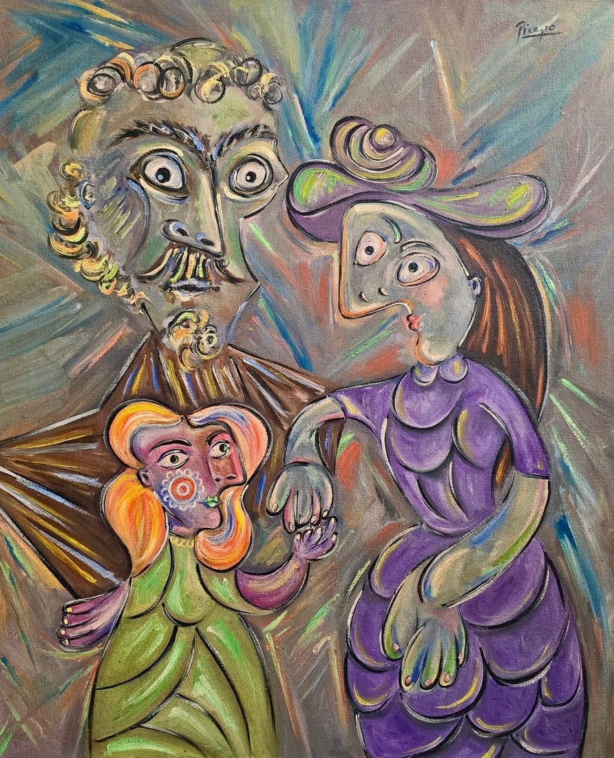 Pablo Picasso Spanish 1881-1973 Oil on Canvas Painting in the Style of Dali, Magritte, Chagall &: Title: The Curious Trio Technique: Oil on Canvas Measures: 24 x 20 inches Year: 1967 Condition: Good — stable, with minor surface wear and light craquelure consistent with ageProvenance: Private col