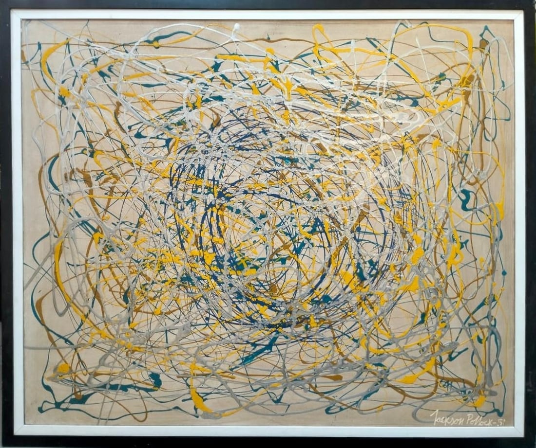 Jackson Pollock American 1912–1956 Oil on Canvas Painting in the Style of de Kooning, Rothko: Title: Vortices of Blue and Gold Technique: Oil on Canvas Measures: 39 x 47 inches Year: 1951 Condition: Good — stable, with minor surface wear and light craquelure consistent with ageProvenance: Pr