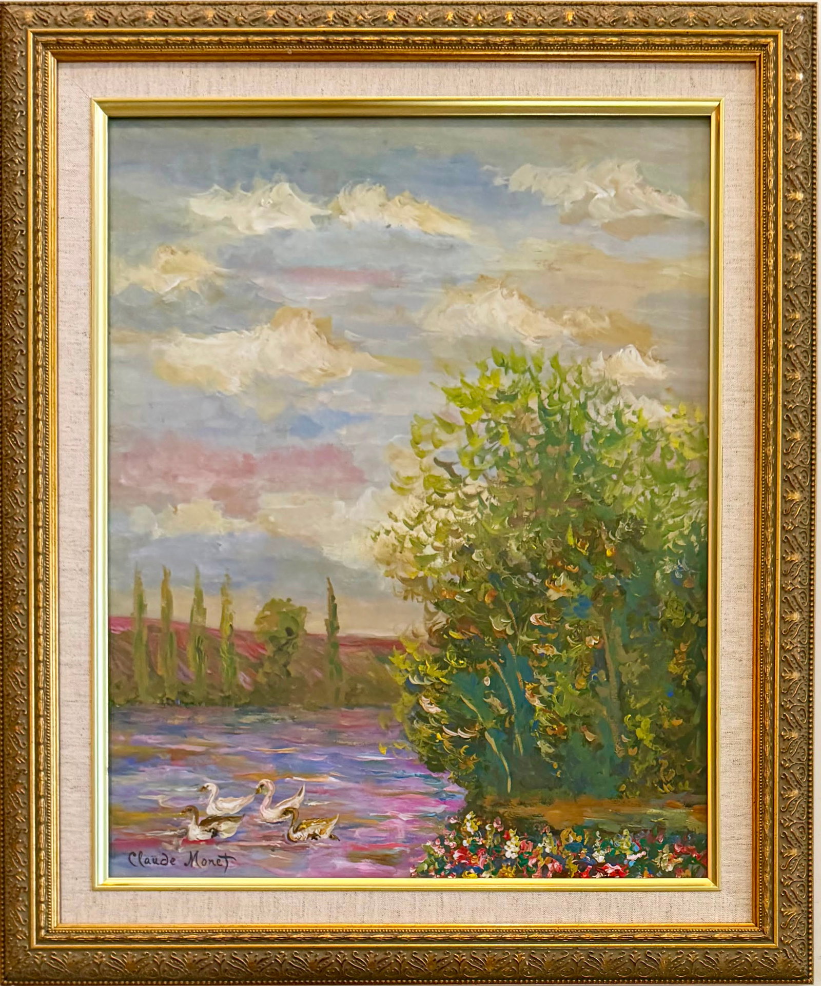 Claude Monet French 1840-1926 Watercolor on Paper painting. in the Style of Renoir Pissarro Era: Title: Riverside with Ducks Technique: Watercolor on paper Measures: 17 x 14 inches (43.2 x 35.6 cm) Year: Circa late-19th century Impressionist period Condition: Good condition. Rich coloration with 