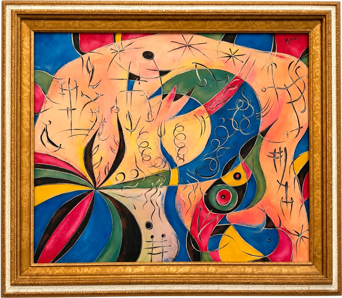 Joan Miró Spanish 1893-1983 Oil on Canvas painting in the Style of Surrealism Picasso Calder Era: Title: Blue Moon Composition Technique: Oil on canvas Measures: 20 x 24 inches (50.8 x 61 cm) Year: Circa mid-20th century Surrealist period Condition: Good condition. Surface presents vibrant colors 