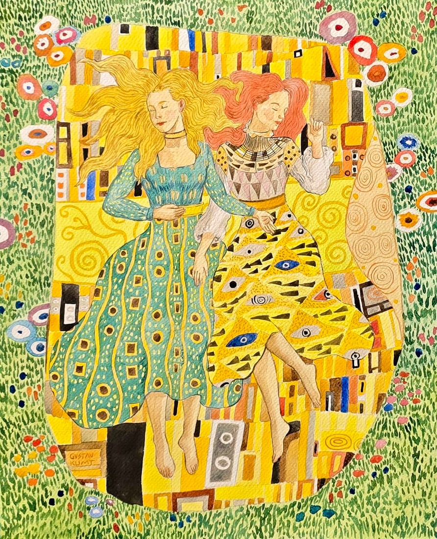 Gustav Klimt Austrian 1862-1918 Watercolor on Paper painting in the Style of Schiele Kokoschka Era: Title: Two Women in a Garden Technique: Watercolor on paper Measures: 16 x 12 inches (40.6 x 30.5 cm) Year: Circa early-20th century Vienna Secession period Condition: Good condition. Rich coloration 
