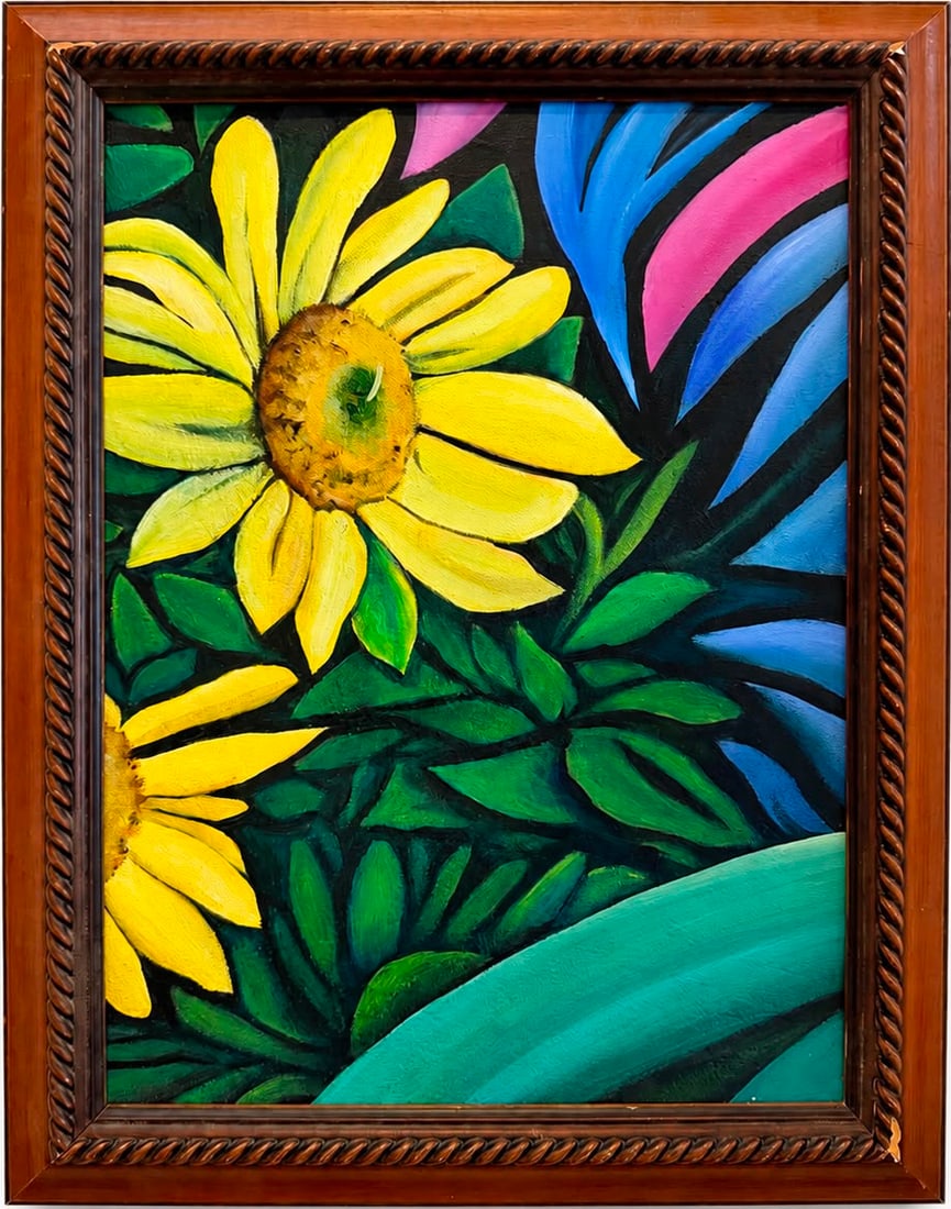 Georgia O'Keeffe American 1887-1986 Oil on Canvas paintiung in the Style of Modernism Dove Era: Title: Yellow Blossom Technique: Oil on canvas Measures: 16 x 12 inches (40.6 x 30.5 cm) Year: Circa mid-20th century American Modernist period Condition: Good condition. Stable paint application with