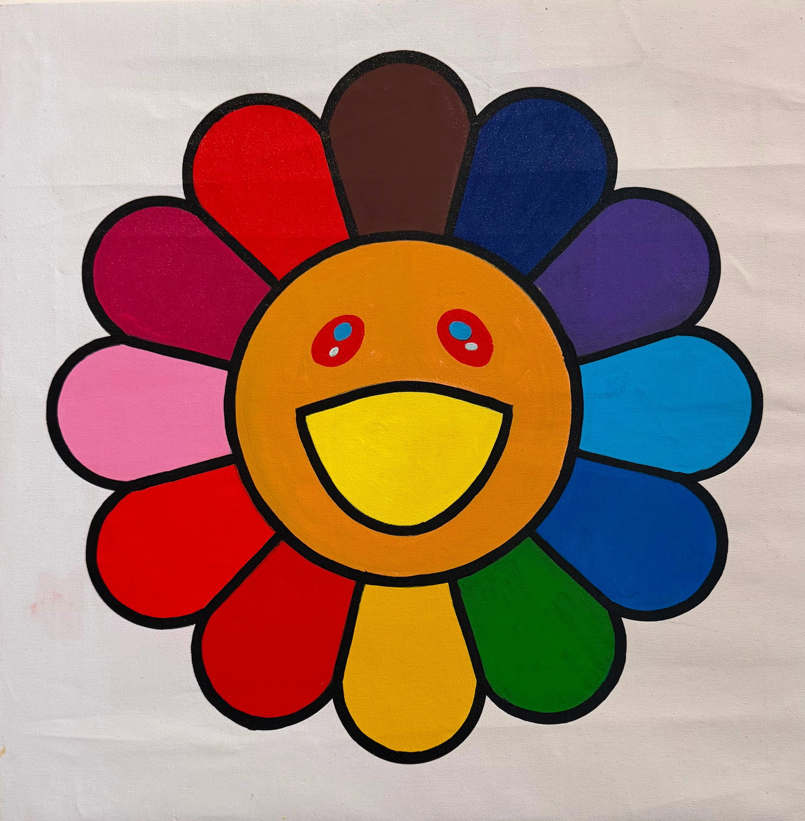 Takashi Murakami Japanese 1962 Acrylic on Canvas in the Style of Superflat Nara Era: Title: Smiling Flower Technique: Acrylic on canvas Measures: 25 x 25 inches (63.5 x 63.5 cm) Year: Contemporary Superflat period Condition: Good condition. Bright acrylic colors with stable paint appl