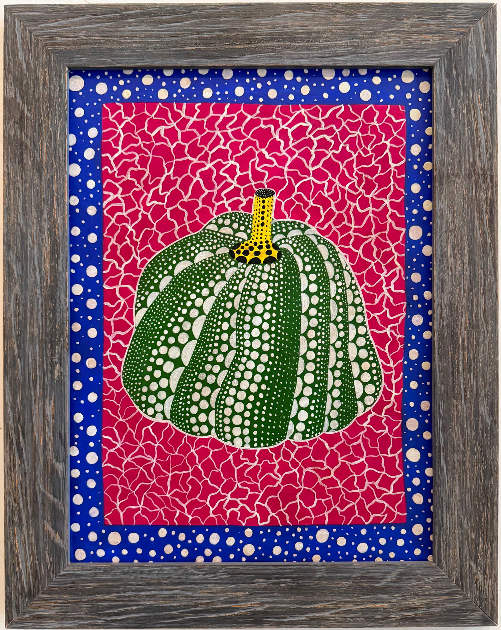 Yayoi Kusama Japanese 1929 Acrylic on Canvas painting in the Style of Pop Art Murakami Era: Title: Green Pumpkin Technique: Acrylic on canvas Measures: 15 x 12 inches (38.1 x 30.5 cm) Year: Contemporary period Condition: Good condition. Bright colors with minor wear consistent with age and h