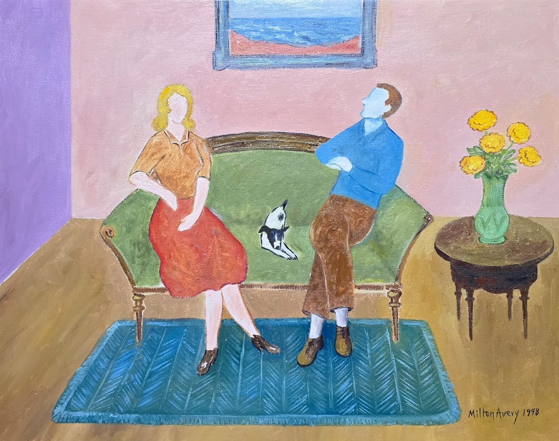 Milton Avery American 1885-1965 Oil on canvas painting in the Style of Modernism Matisse Hopper Era: Title: Conversation on the Green Sofa Technique: Oil on canvas Measures: 14 x 18 inches (35.6 x 45.7 cm) Year: Circa mid-20th century Condition: Good condition. Surface presents stable pigment applica