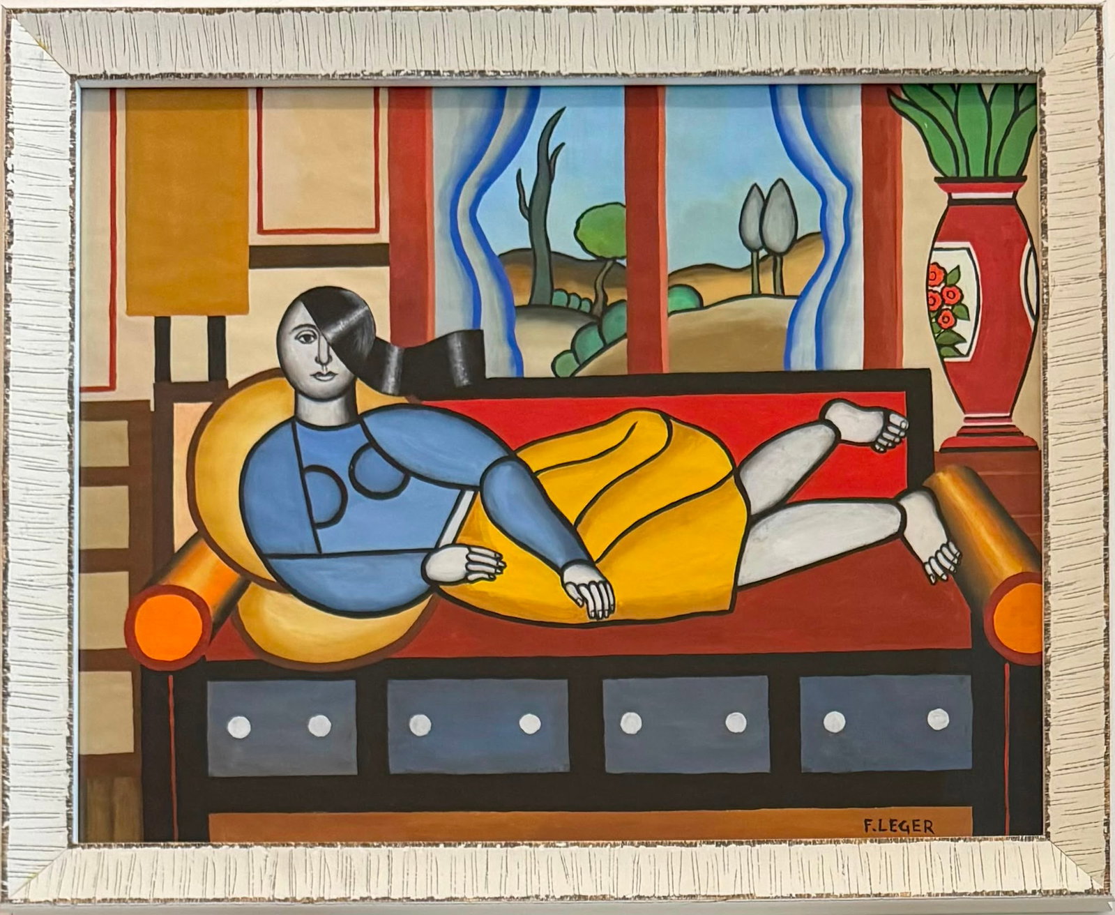 Fernand Leger French 1881-1955 Gouache on paper painting in the Style of Cubism Picasso Braque Era: Title: Reclining Woman Technique: Gouache on paper Measures: 18 x 16 inches (45.7 x 40.6 cm) Year: Circa mid-20th century Condition: Good condition. Colors remain vibrant with minor wear consistent wi
