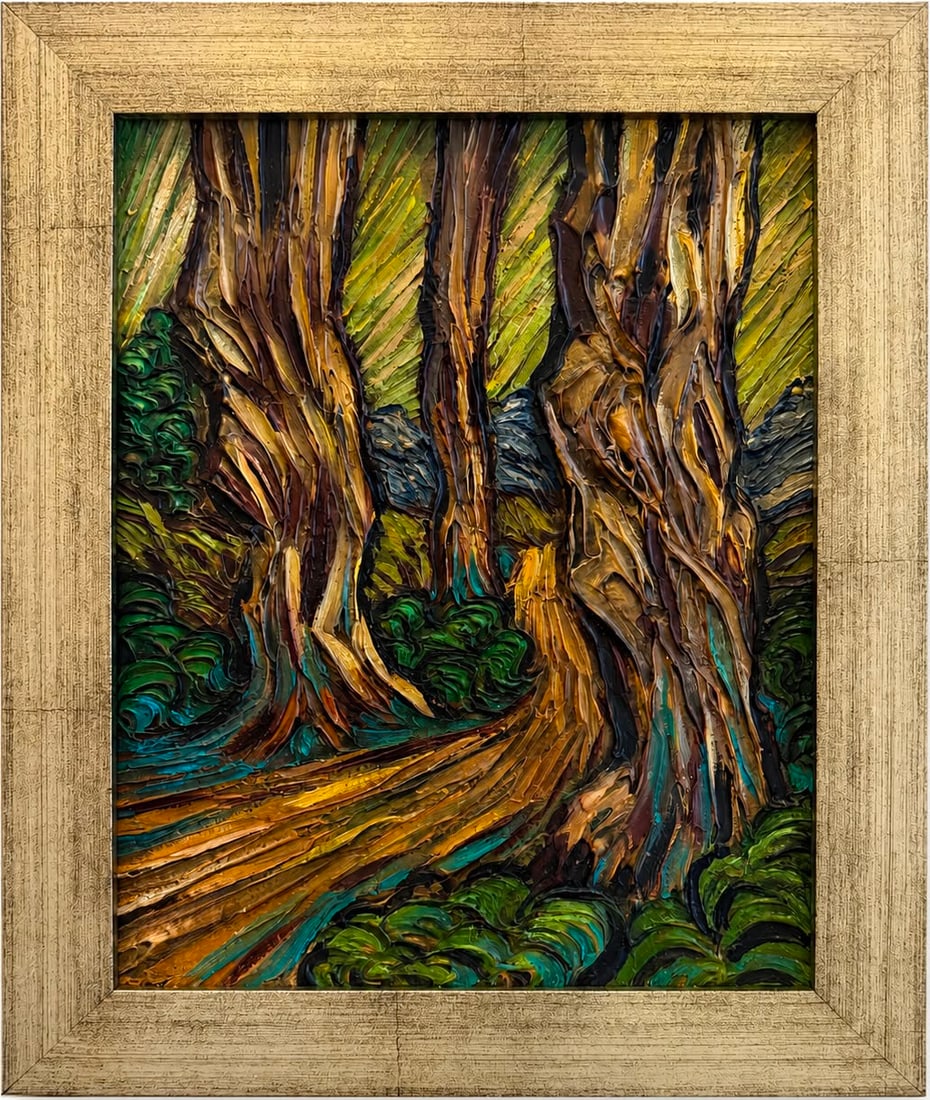 Vincent van Gogh Dutch 1853-1890 Oil on canvas paintingin the Style of Landscape Cézanne Gauguin: Title: Forest Path Technique: Oil on canvas Measures: 9 x 8 inches (22.9 x 20.3 cm) Year: Circa late 19th-century Post-Impressionist period Condition: Good condition. Thick impasto application remains