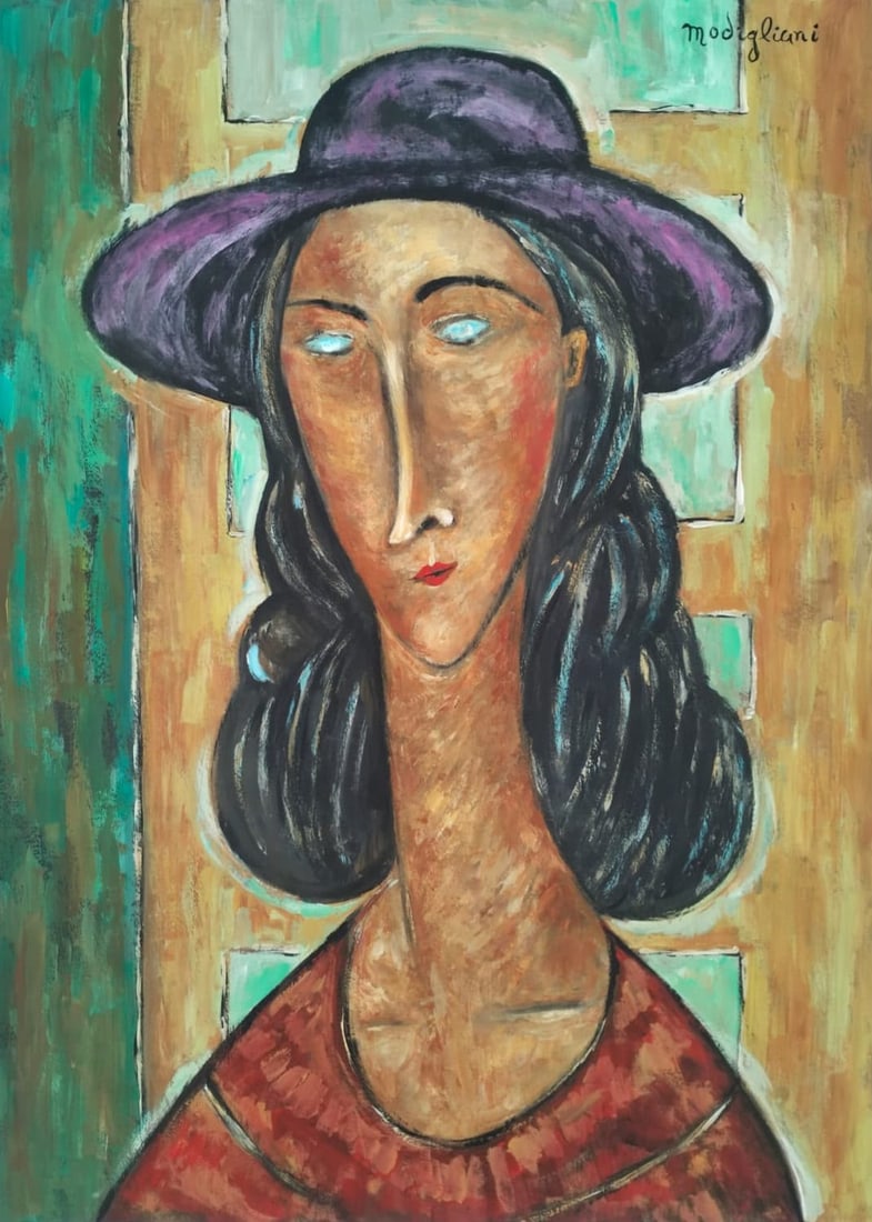 Amedeo Modigliani Italian 1884-1920 Watercolor on paper paintingin the Style of Portrait Soutine Era: Title: Woman in a Purple Hat Technique: Watercolor on paper Measures: 15 x 11 inches (38.1 x 27.9 cm) Year: Circa early 20th century Condition: Good condition. Paper presents stable coloration with mi