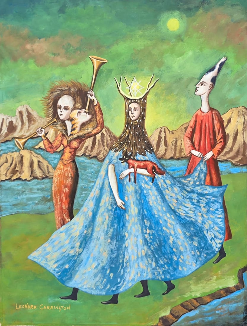 Leonora Carrington British 1917-2011 Gouache on paper in the Style of Surrealism,Kahlo , Miro Era.: Varo EraTitle: Mystical Procession Technique: Gouache on paper Measures: 17 x 13 inches (43.2 x 33 cm) Year: Contemporary period Condition: Good condition with light handling wear. Ready for display. 