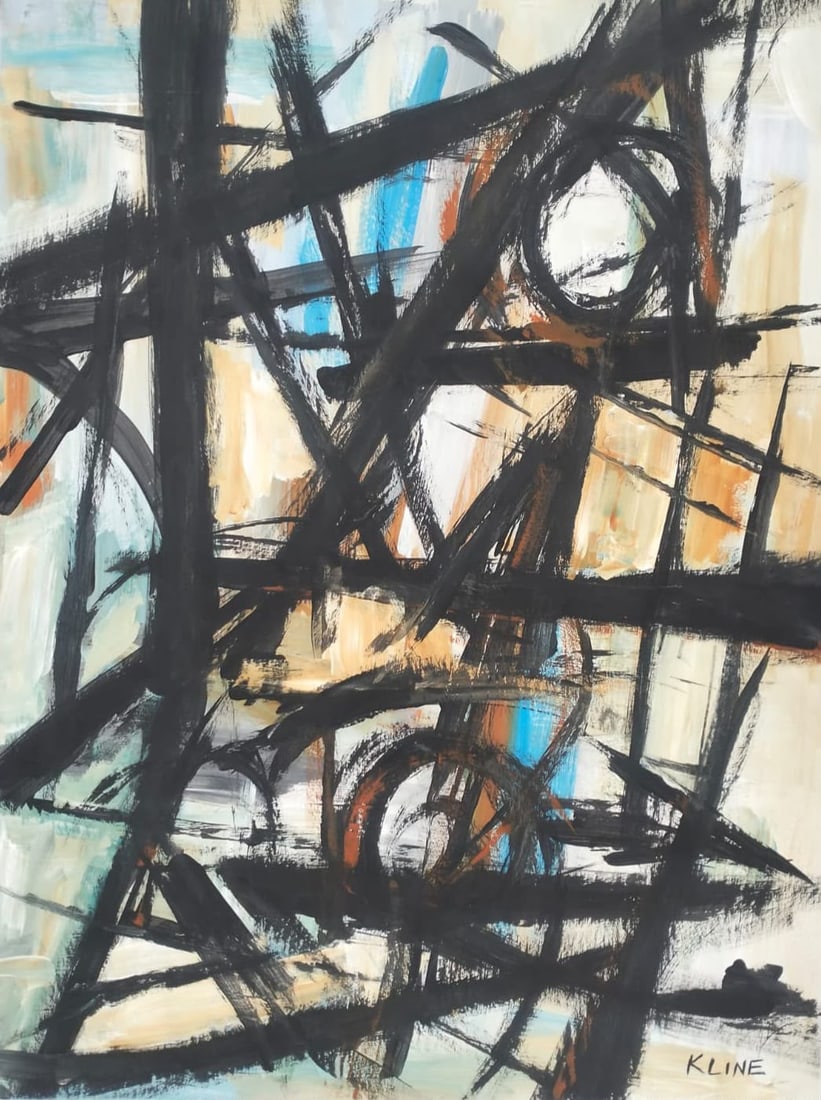 Franz Kline American 1910-1962 Oil on Paper painting in the Style of Pollock , Picasso Era: Title: Abstract Composition Technique: Gouache on paper Measures: 17 x 13 inches (43.2 x 33 cm) Year: Mid-20th Century Condition: Good condition with light handling wear consistent with age. Ready for