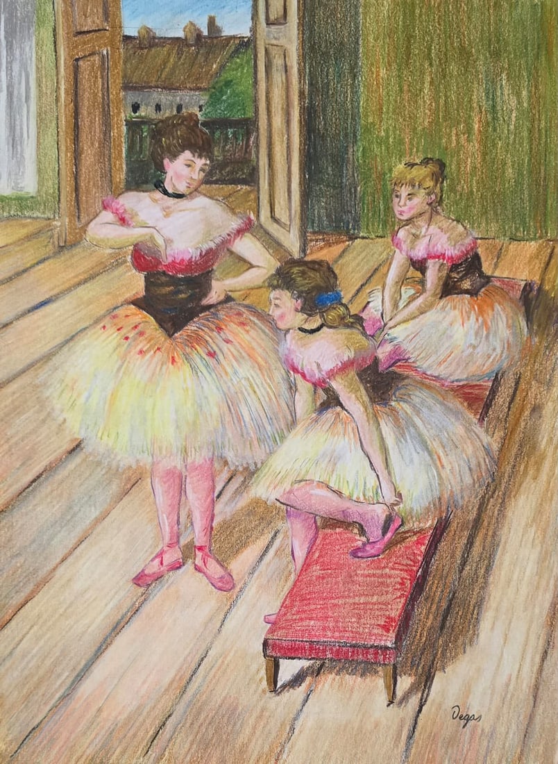 Edgar Degas French 1834-1917 Pastel on Paper Painting in the style of Monet , Van Gogh, Renoir Era: Title: Three Ballet Dancers Technique: Pastel on paper Measures: 17 x 13 inches (43.2 x 33 cm) Year: Late 19th Century Condition: Good condition with light age-related wear. Ready for display. Provena