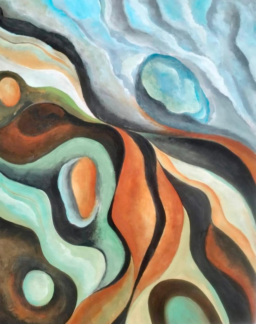 Georgia O'Keeffe American 1887–1986 Gouache on Paper in the Modernist Style of Pollock,Kline Era.: Title: Untitled Organic Abstraction Technique: Gouache on paper Measures: 16 x 12 inches (40.6 x 30.5 cm) Year: Circa mid-20th century American Modernist period Condition: Good condition. Richly prese